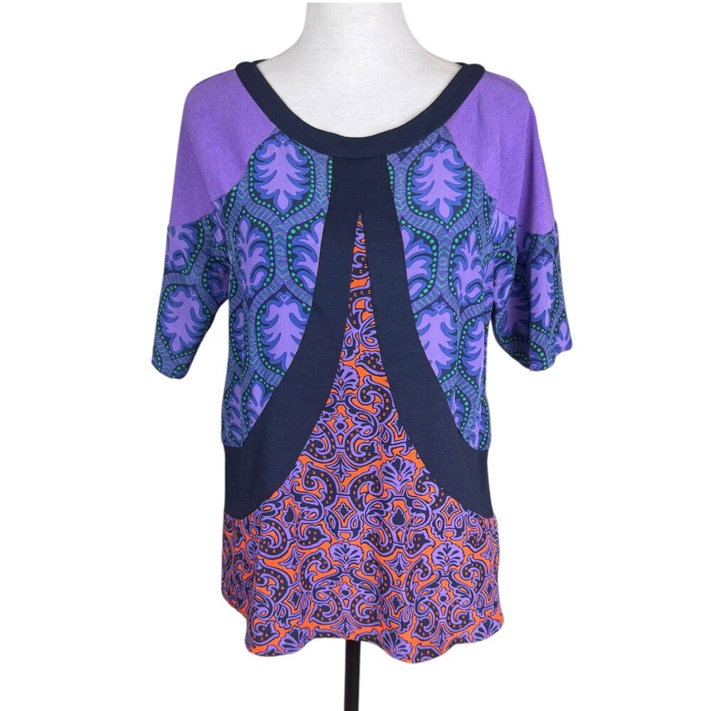 Tracy Reese 100% Silk Purple Pattern 3/4 Sleeve Lightweight Breezy Colorful Top